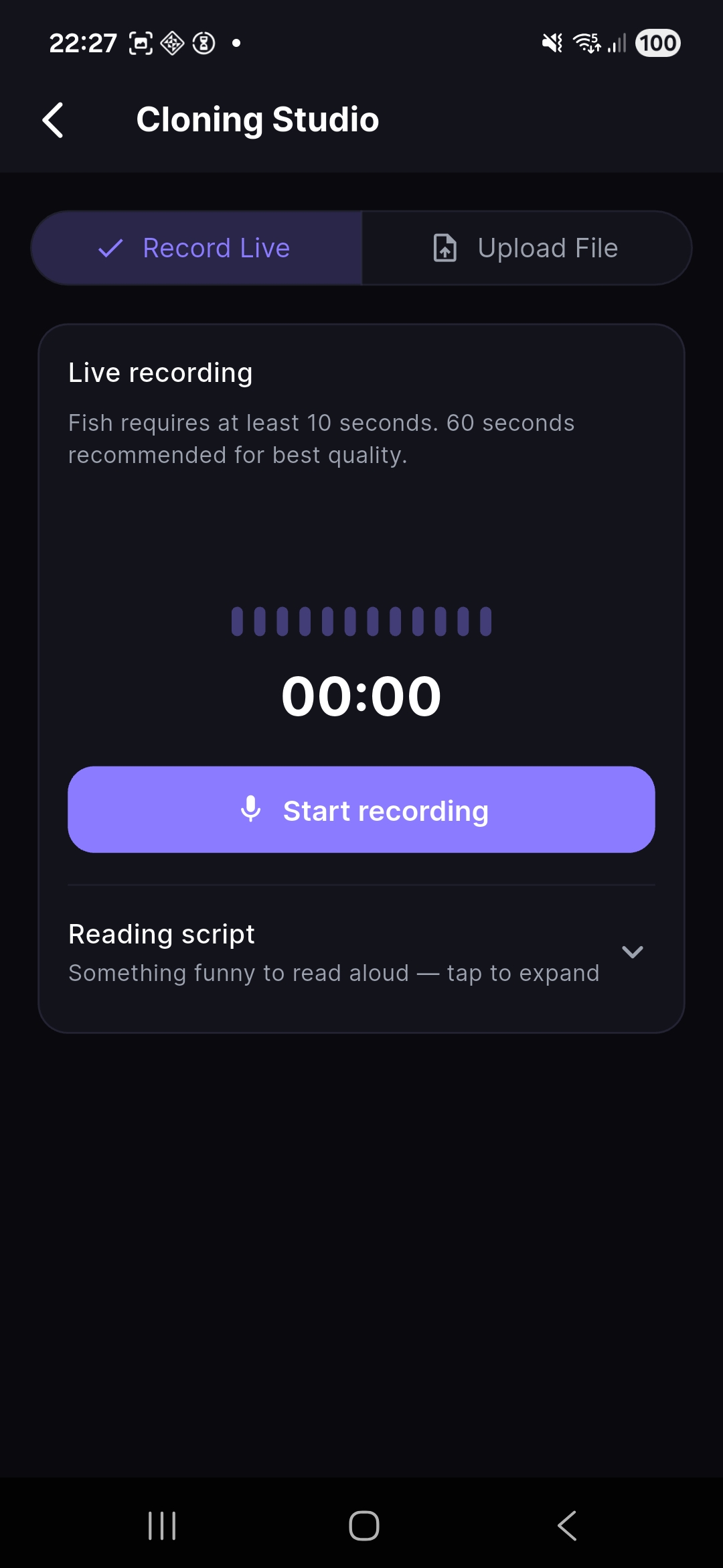 Cloning Studio — record live or upload a file