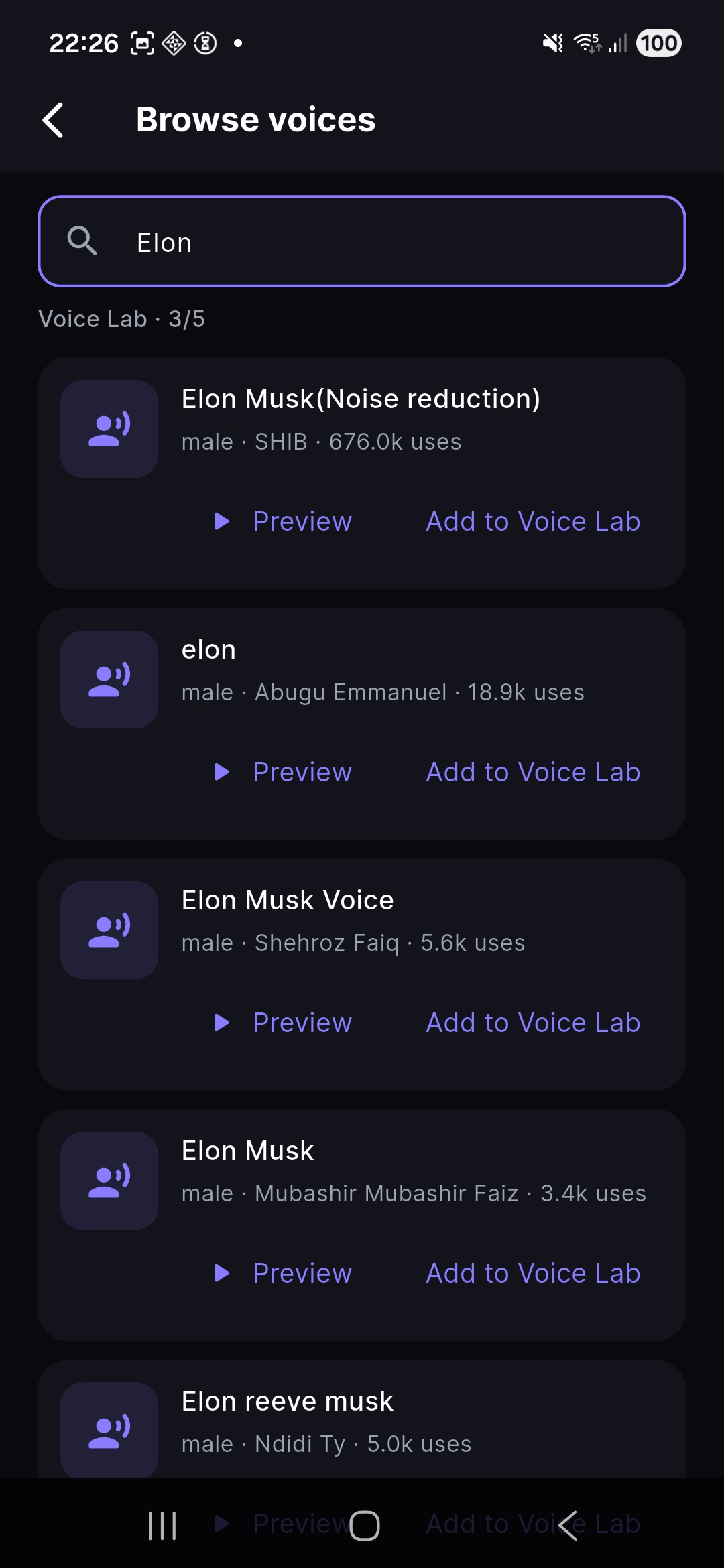 Browse voices — search the catalog and add characters