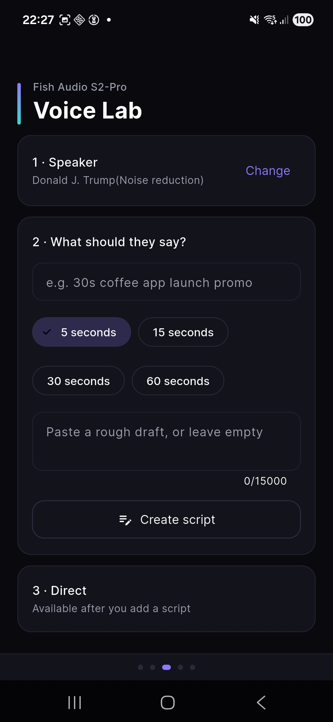 Voice Lab — write a brief, pick duration, and create a script
